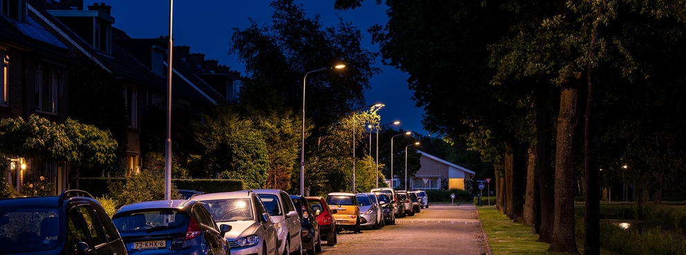 Lightronics Prunus E4 armaturen langs een straat in een woonwijk in Oud Beijerland Lightronics Prunus E4 armaturen langs een straat in een woonwijk in Oud Beijerland